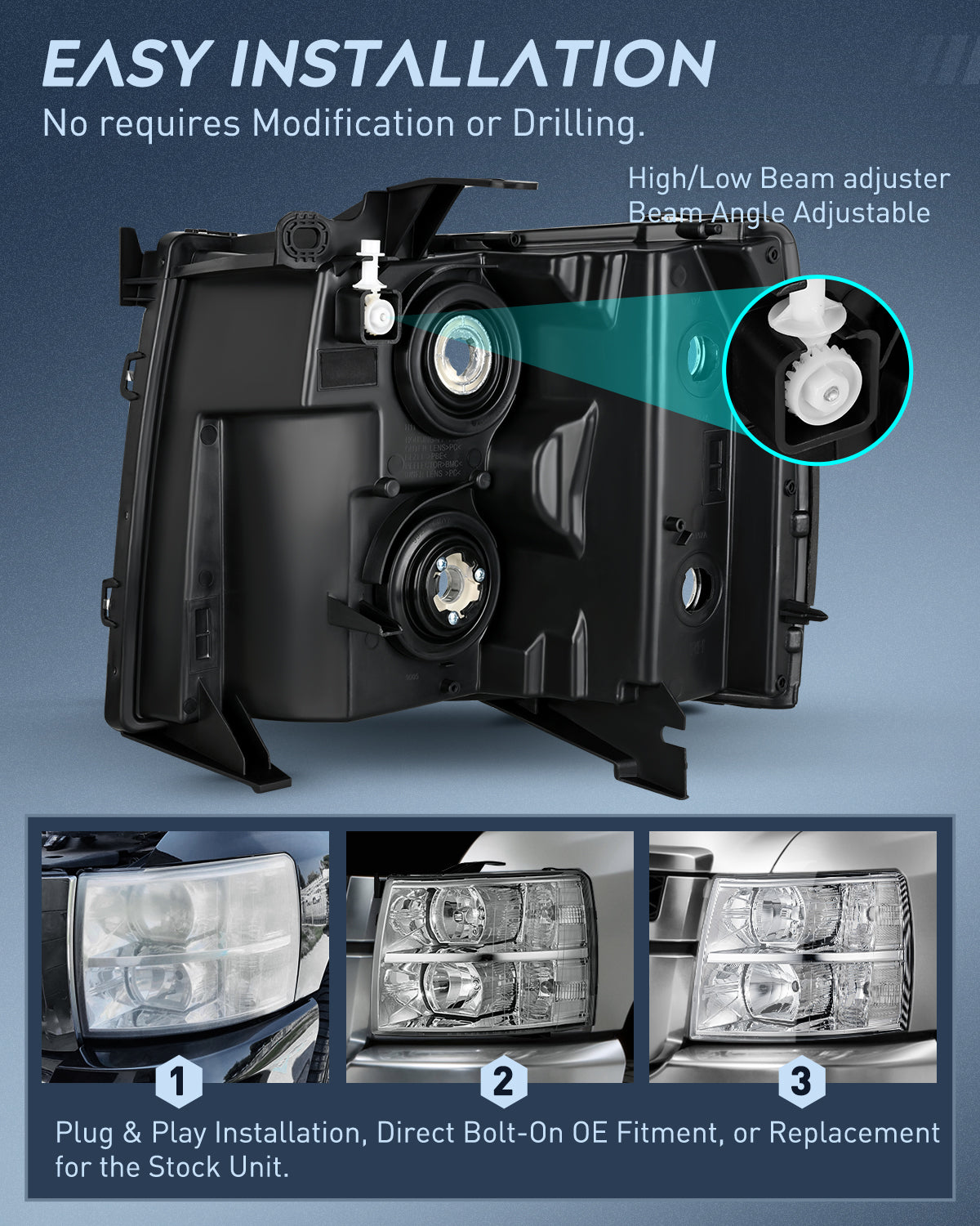 Nilight Headlight Assembly Compatible with 2007 2008 2009 2010 2011 2012 2013 Silverado 1500 2014 2500HD 3500HD Replacement Chrome Housing Clear Reflector