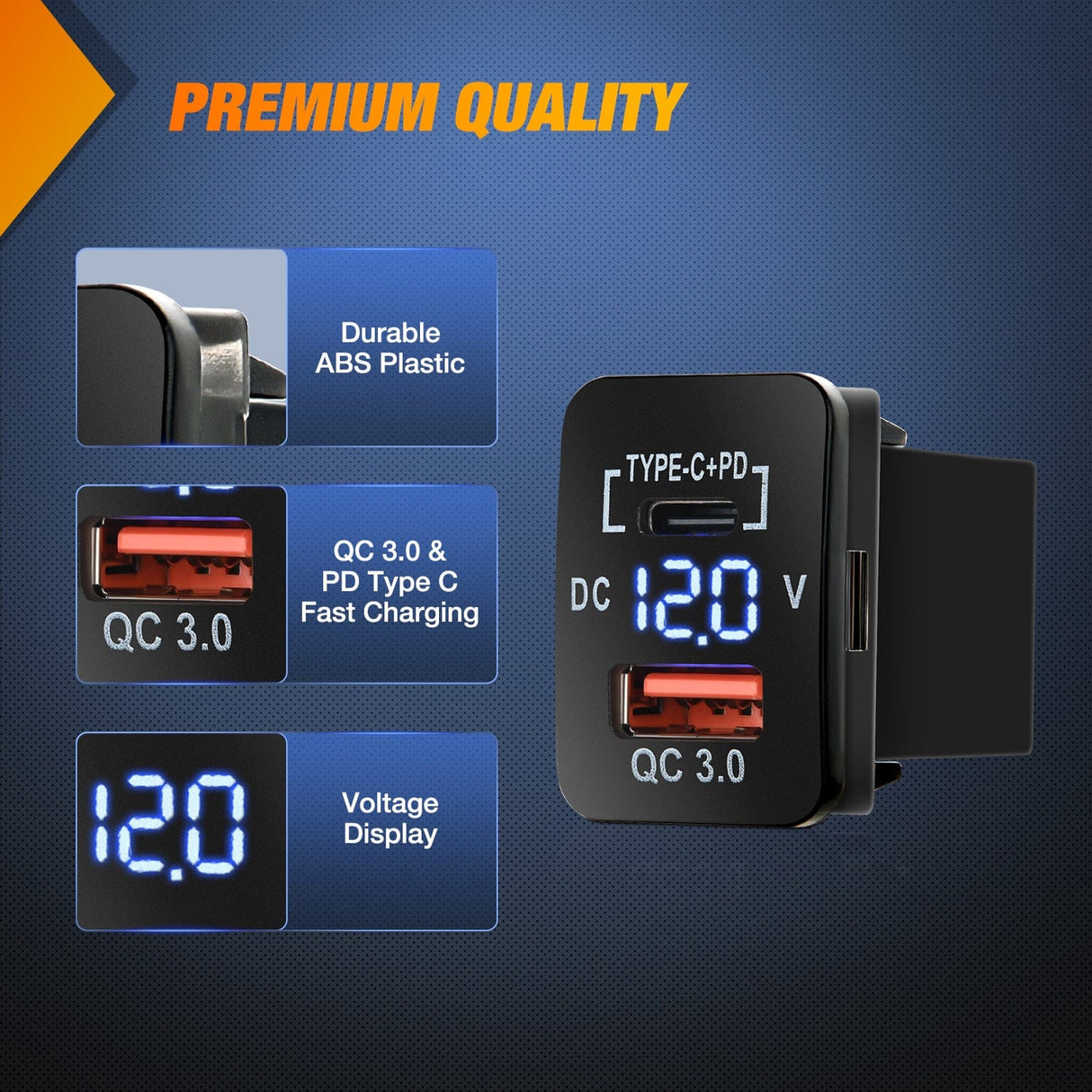 12V USB Charger PD Type C and USB Quick Charge with LED Voltmeter Nilight