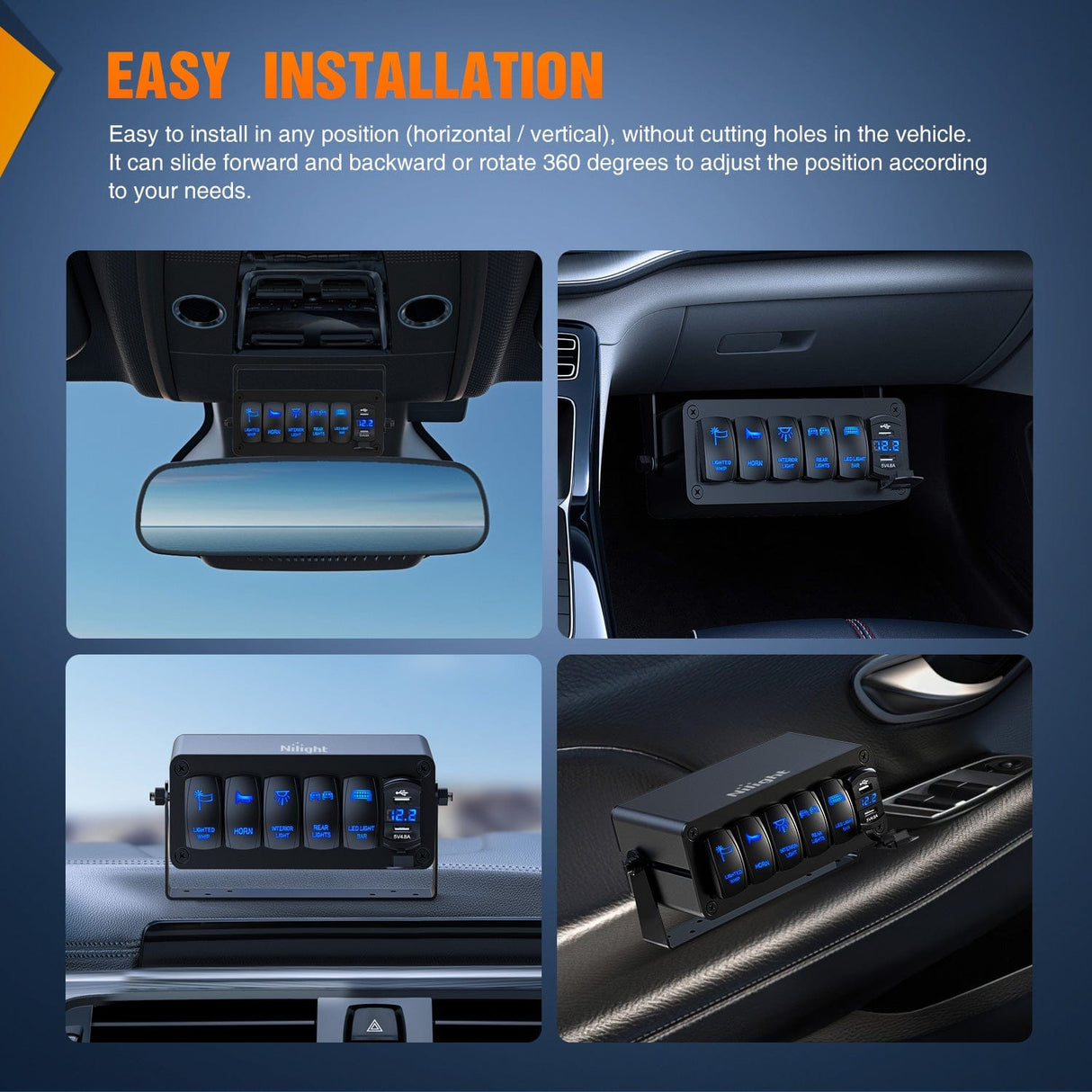 Nilight 6 Gang Rocker Switch Box 6 Holes Panel Detachable Installation Housing Waterproof Aluminum Rotatable Mount Bracket 12V 24V DIY Toggle Switches Voltmeter USB Socket for Boats Cars RVs Trucks