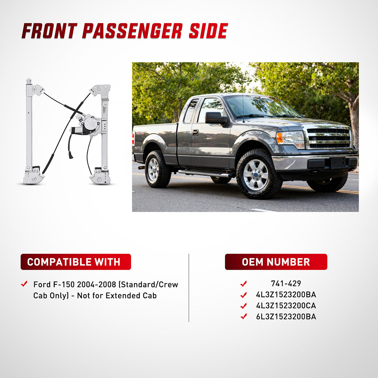 2004 2005 2006 2007 2008 Ford F150 Standard/Crew Cab Front Passenger Side Power Window Regulator