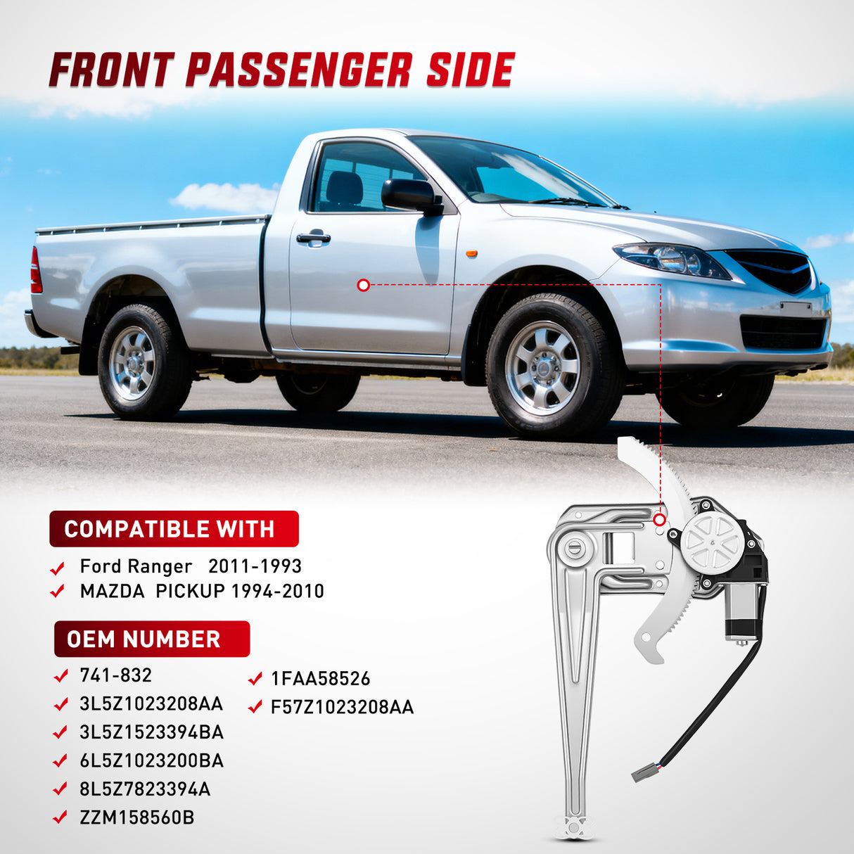 Power Window Regulator with Motor Assembly Replacement for Ford Ranger 2011-1993, Front Passenger Side, 741-832