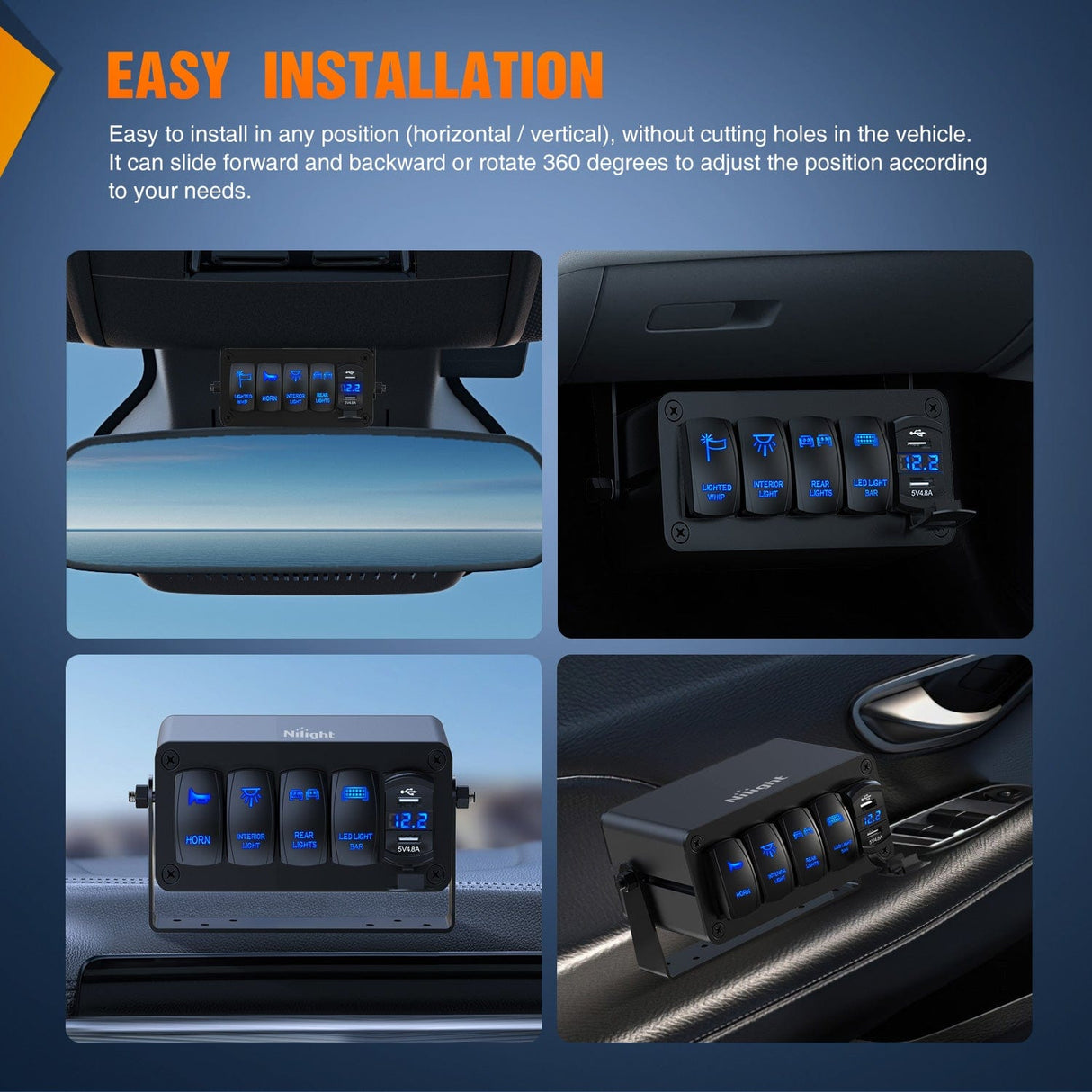 Nilight 5 Gang Rocker Switch Box 5 Holes Panel Detachable Installation Housing Waterproof Aluminum Rotatable Mount Bracket 12V 24V DIY Toggle Switches Voltmeter USB Socket for Boats Cars RVs Trucks