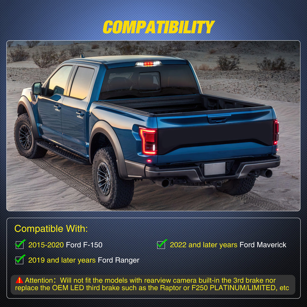 Third Brake Light Tail High Mount 3rd Stop Cargo Reverse Lights Smoked Lens Compatible with Ford F150 2015 2016 2017 2018 2019 2020 Super Duty F250 F350 2017+ Ranger 2019+ Maverick 2022+