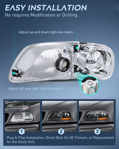 Nilight 1997-2003  Ford F150 Headlight AssemblyExpedition Black Housing Amber Reflector