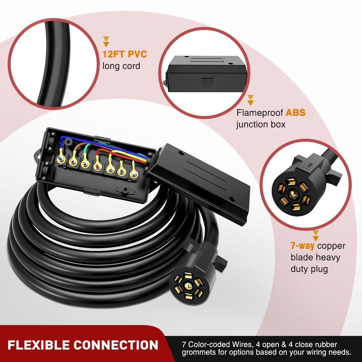 12 Feet Heavy Duty 7 Way Inline Trailer Plug with 7 Gang Junction Box Nilight