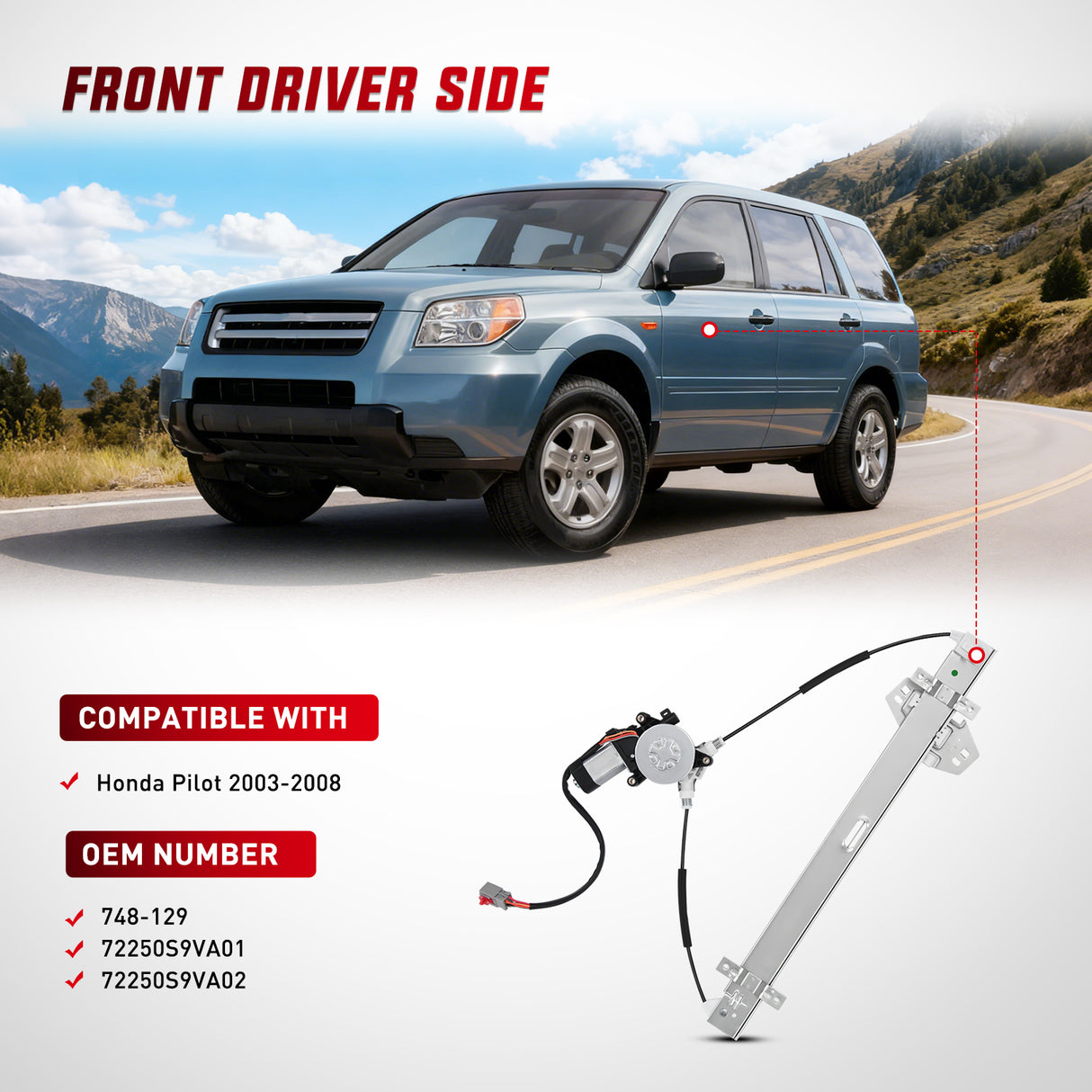Window Regulator Power Window Regulator with Motor Assembly Replacement for Honda Pilot 2003 2004 2005 2006 2007 2008, Front Driver Side, 748-129