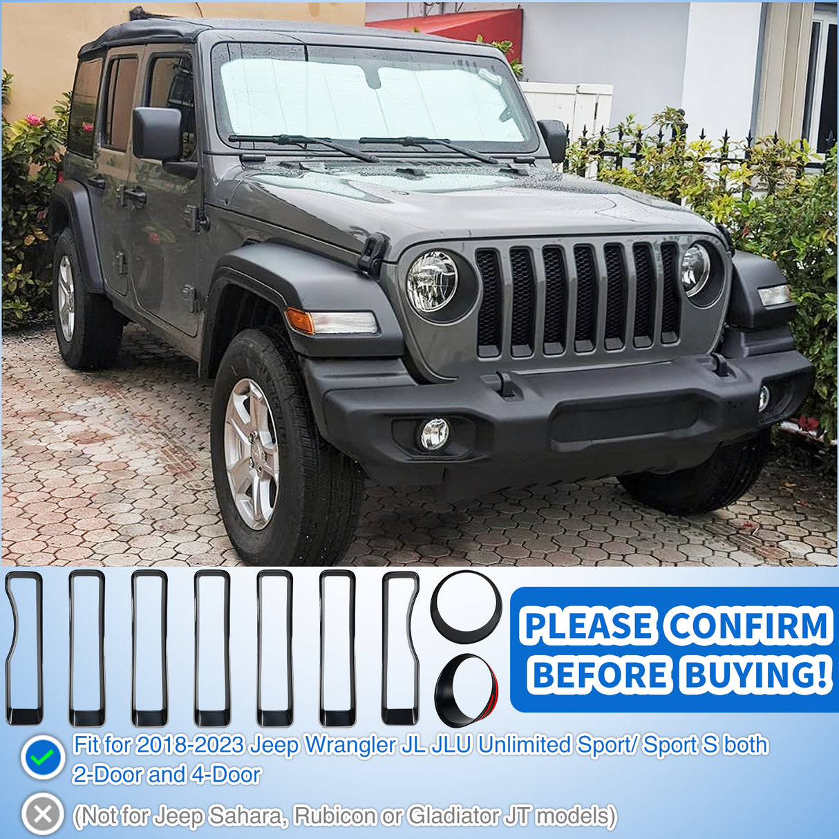 Nilight Grill Inserts fit for Jeep Wrangler Front Grille Inserts Headlight Cover Set for JL JLU Unlimited Sport SportS 2018 2019 2020 2021 2022 2023 Grille Bezels Trim Exterior Accessories Black 9 Pcs