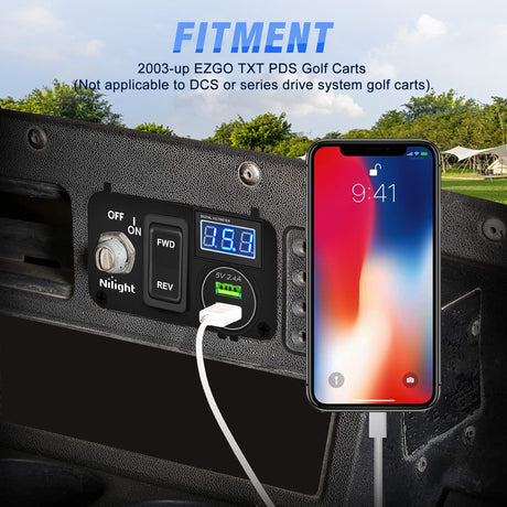 Nilight Golf Cart Key Switch Console Panel 9V-48V DC with Forward Reverse 3PIN Rocker Switches 4.8A Dual USB Quick Charger LED Digital Voltmeter for EZGO TXT PDS