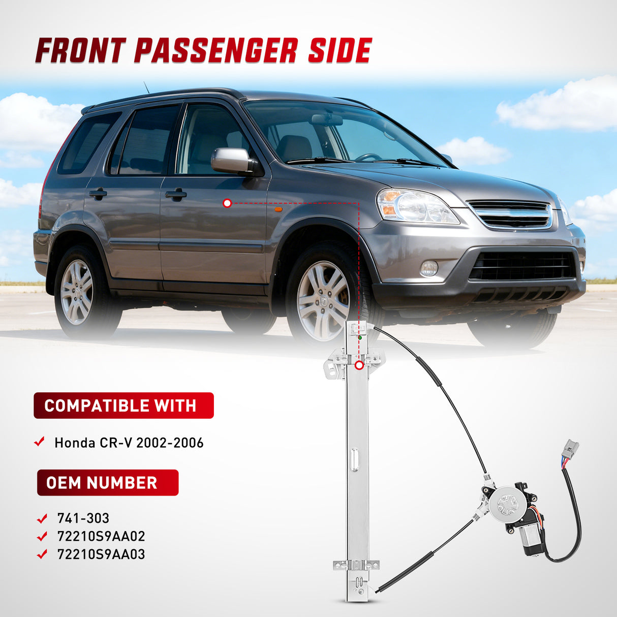 Window Regulator Power Window Regulator with Motor Assembly Replacement for Honda CR-V 2002 2003 2004 2005 2006, Front Passenger Side, 741-303