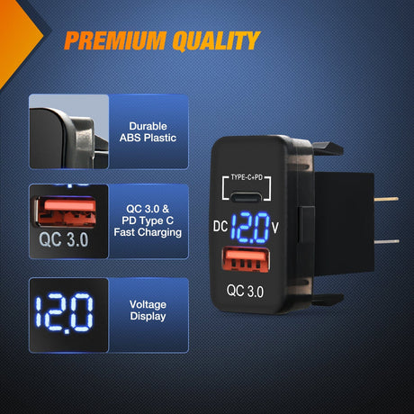 12V USB Charger PD Type C and QC 3.0 Car USB Quick Charge with LED Voltmeter Nilight