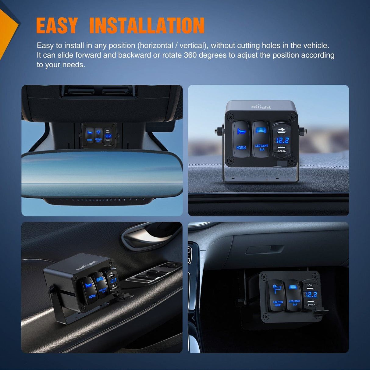 Nilight 3 Gang Rocker Switch Box 3 Holes Panel Detachable Installation Housing Waterproof Aluminum Rotatable Mount Bracket 12V 24V DIY Toggle Switches Voltmeter USB Socket for Boats Cars RVs Trucks