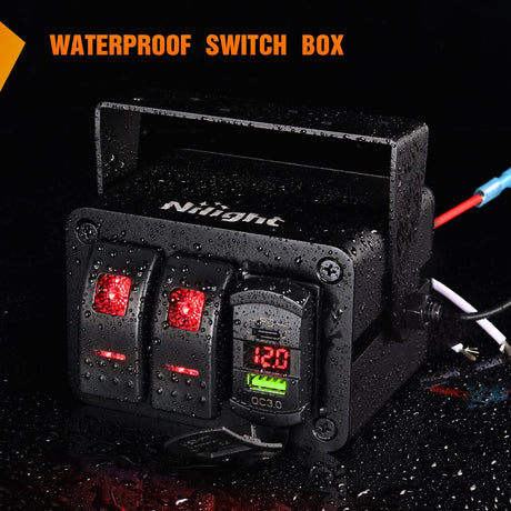 Nilight 2 Gang Rocker Switch Box 12V SPST ON Off Toggle Switches PD Type C and QC 3.0 USB Charger Voltmeter LED Light Waterproof Aluminum Mount Bracket Panel DIY Stickers for Boat Car RV Truck