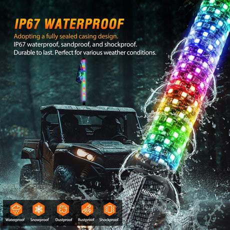 Nilight 1Pcs 3FT Spiral Antenna Bluetooth Remote App Control Led Fat Whip Light