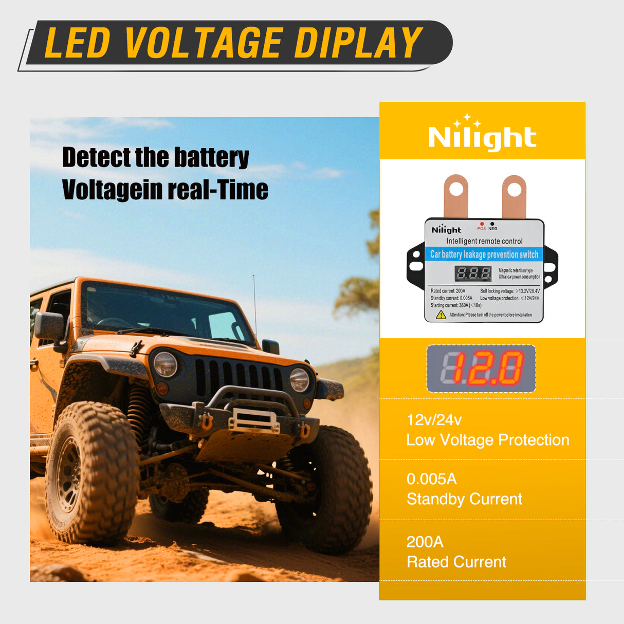 Nilight Remote Battery Disconnect Switch 12V 24V 360A Car Smart Anti-Theft Kill Switches Upgrade Prevent Power Drain with Wireless Remote Control Relay Fobs Voltmeter Display for Auto Truck RV Boat