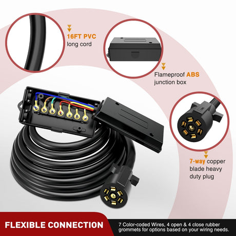 16 Feet Heavy Duty 7 Way Inline Trailer Plug with 7 Gang Junction Box Nilight