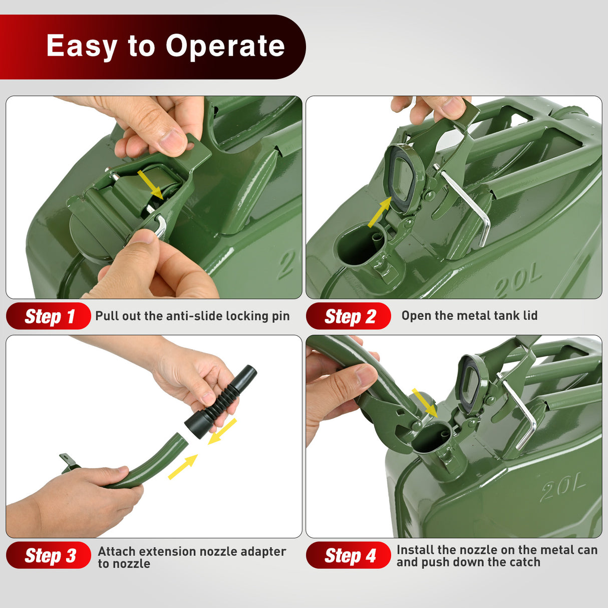 Gas Can Metal Gas Can 5 Gallon with Spout System and Handle, 20 Litre Metal Container for Gasoline Trucks Cars ATV Motorcycle Equipment, No Spill Steel Safety Gas Fuel Cans Green, 1 Pack