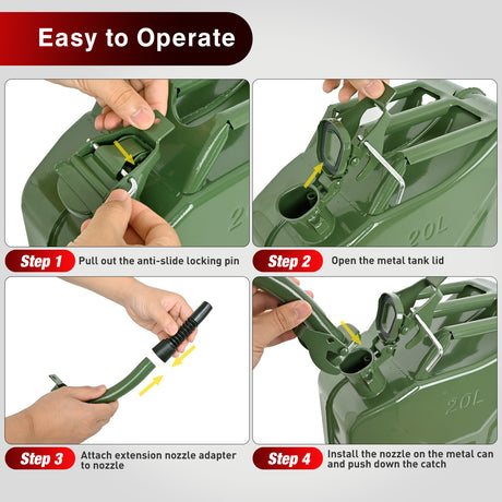 Gas Can Metal Gas Can 5 Gallon with Spout System and Handle, 20 Litre Metal Container for Gasoline Trucks Cars ATV Motorcycle Equipment, No Spill Steel Safety Gas Fuel Cans Green, 1 Pack