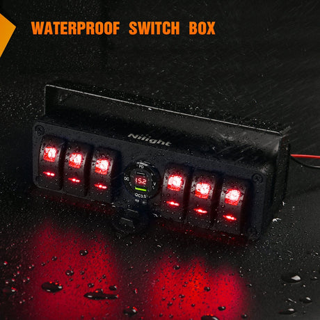 6Gang Aluminum ON/Off Rocker Switch Box w/ QC 3.0 Dual USB Charger Voltmeter with Red Backlit Nilight