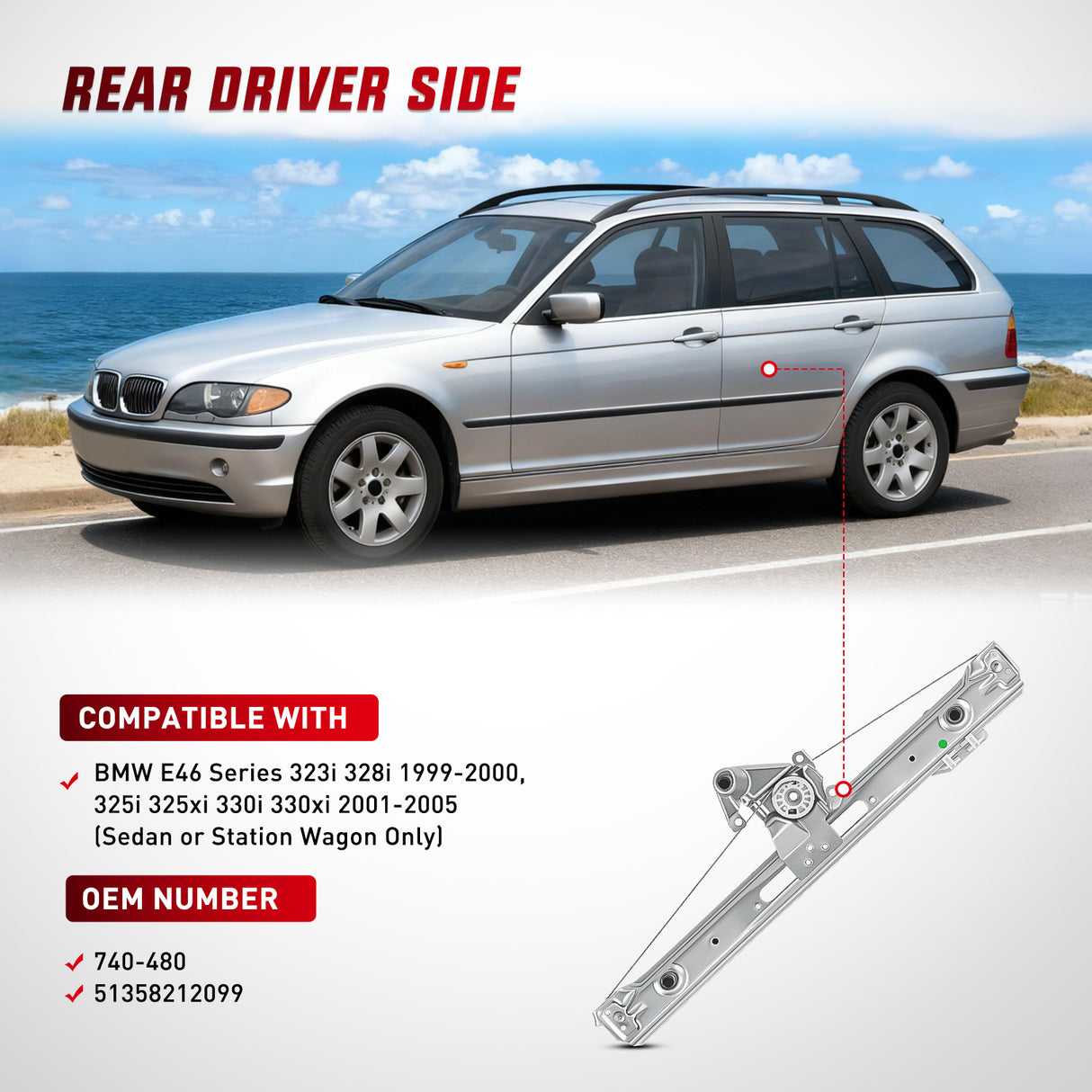 740-480 Rear Driver Side Window Regulator with Motor, Compatible with 1999–2005 BMW E46 323i 328i 325i 325xi 330i 330xi (Sedan/Wagon Only), Power Window Lift Assembly, OE Replacement