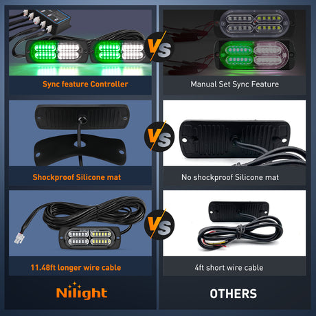 Nilight 4PCS LED Strobe lights 12V 24V Sync Feature Green White 24LED Emergency Hazard Warning Lights with Controller Hard Wire or Cigarette Lighter Plug for Car Truck RVs Campers