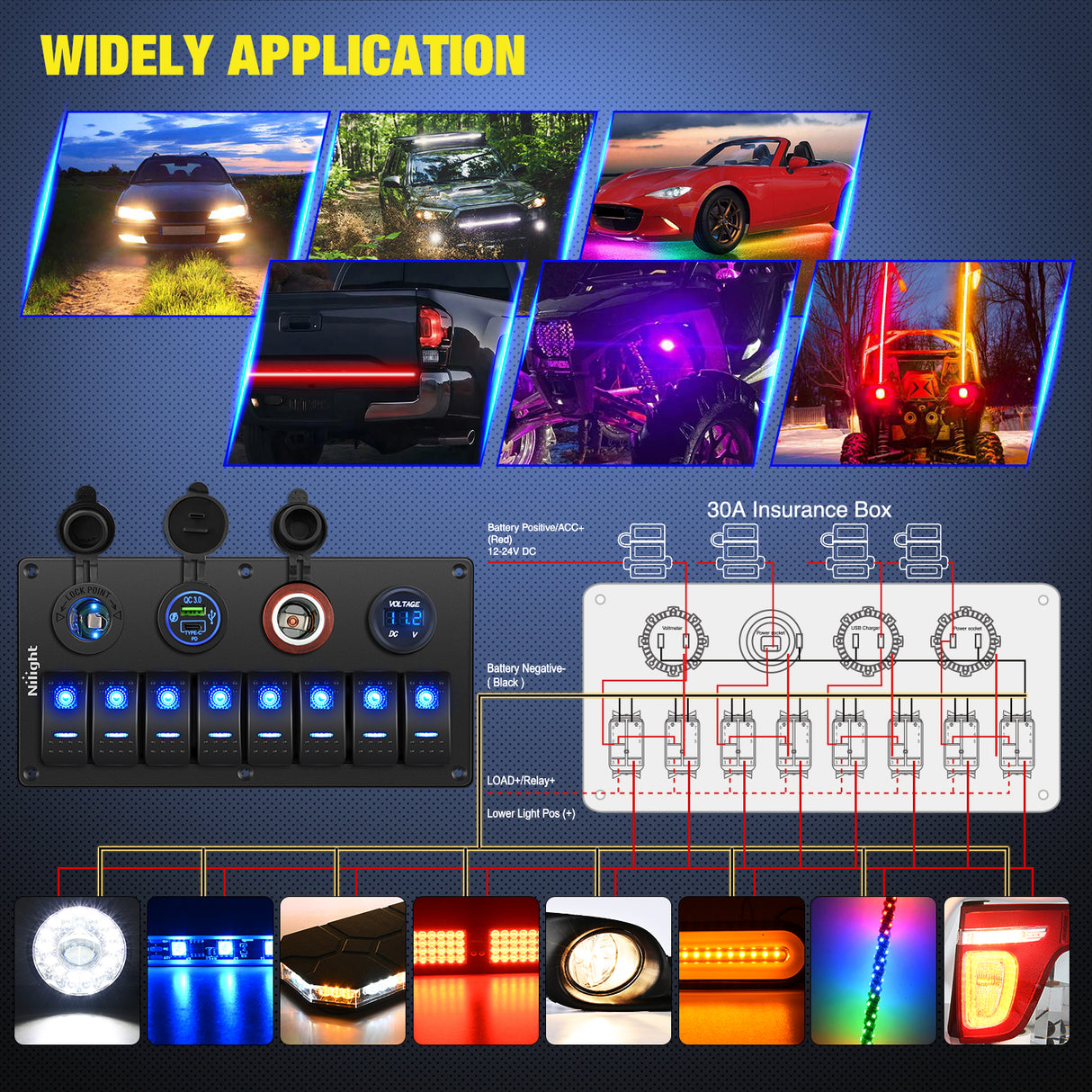 Nilight 8 Gang Rocker Switch Panel Waterproof Aluminum Marine with PD Type C & USB Charger Cigarette Lighter Socket Voltmeter Inline Fuse 12V 24V ON Off Pre-Wired Switches for Car Truck Boat