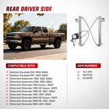 2001 2002 2003 2004 2005 2006 Chevrolet Avalanche Silverado Suburban GMC Sierra Yukon XL 1500 2500 3500 Rear Driver Side Power Window Regulator
