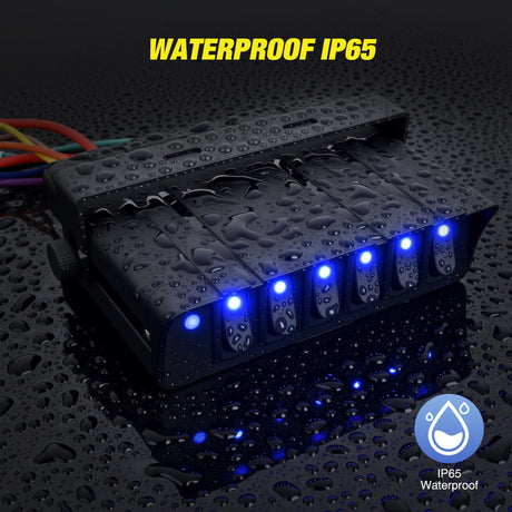 Rocker Switch 6 Gang Rocker Switch Box Waterproof SPST Toggle Panel Blue LED 12V 24V 20A 60Amp Max for Automotive Cars Vehicles Boats RVs Campers SUVs