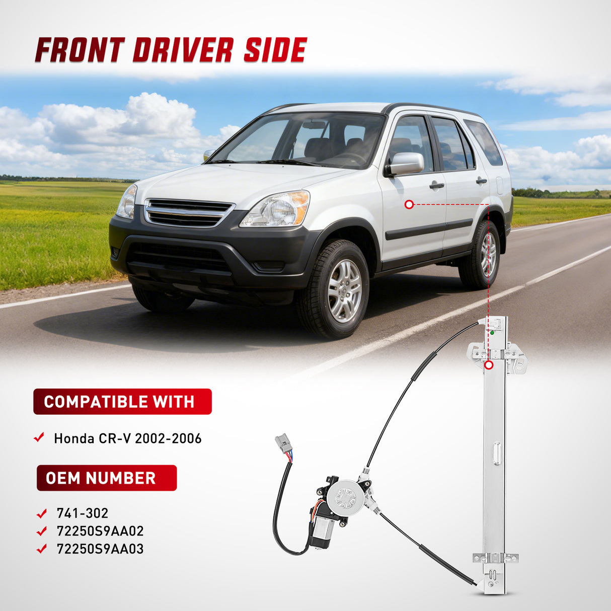 Power Window Regulator with Motor Assembly Replacement for Honda CR-V 2002 2003 2004 2005 2006, Front Driver Side, 741-302