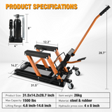 Motorcycle Lift Jack 1500 LBS Hydraulic Lifts ATV Scissor Jacks with Wheel Foot Pedal Handle Ratchet Belt Heavy Duty Lifter Stand Hoist Table for Dirt Bike Garage Storage Repair Tool,Orange