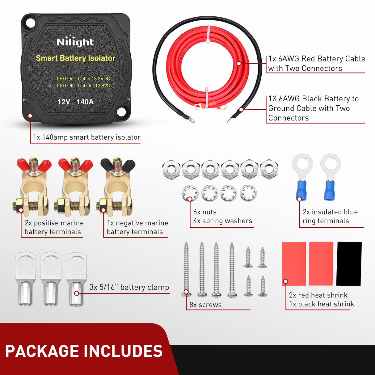 Nilight 12V 140AMP Dual Battery Isolator Kit with 6 AWG Power Cable Terminal Voltage Sensitive Relay Smart VSR Automatic Charger Disconnect for Truck Van RV ATV UTV Boat Can Am