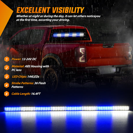 Nilight 144LED Traffic Advisor Strobe Light Bar with Controller Blue White Emergency Warning Lights Hazard Interior Front/Rear Windshield Flashing for Cars Plow Trucks Construction Vehicles