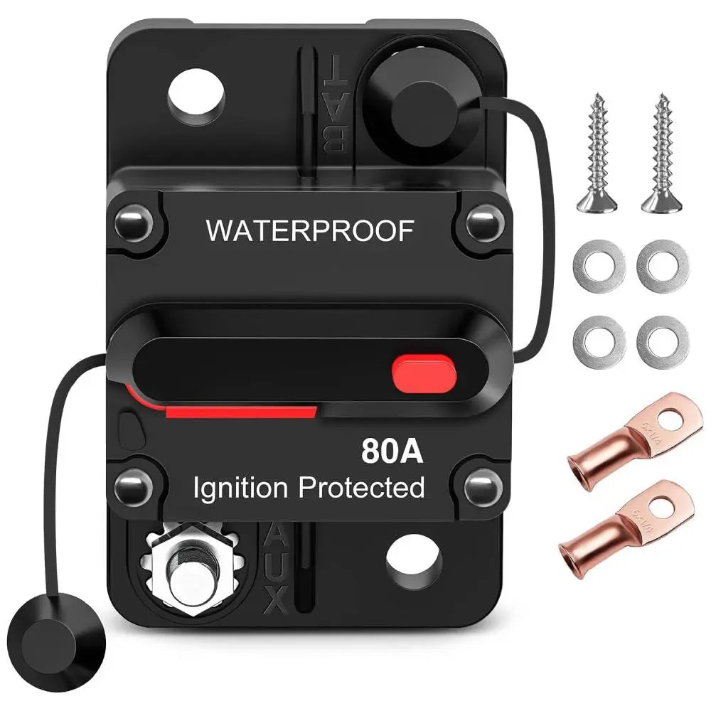 80A Circuit Breaker Resettable 12-48V DC Manual Reset w/Copper Wire Lugs Surface Mount Overload Protection Nilight