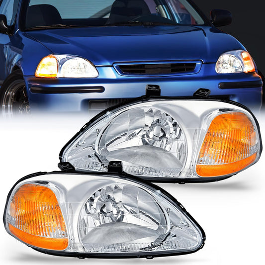 Headlight Assembly Headlight Assembly Chrome Case Amber Reflector Clear Lens For 1996-1998 Honda Civic (Pair)