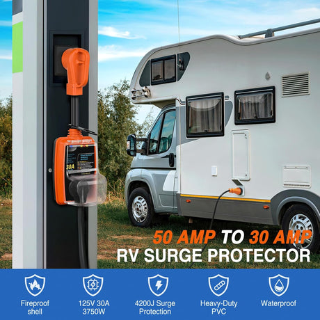 50 to 30 Amp RV Surge Protector Power Adapter 4200 Joules Voltage Monitor 14-50P to TT-30R Converter 125V/3750W Waterproof Circuit Analyzer with Extension Cord for Camper Travel Trailer
