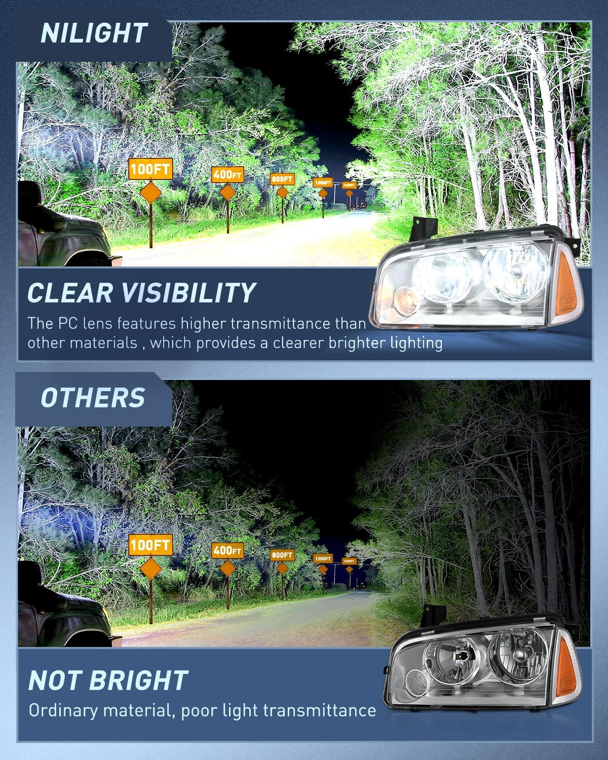Headlight Assembly Compatible with 2006 2007 2008 2009 2010 Dodge Charger Chrome Housing Amber Reflector Clear Lens Headlights Replacement Bumper Lamp Set Driver and Passenger Side