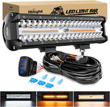 12Inch Off-Road LED Light Bar, 300W 3 Lighting Modes (White/Amber/White&Amber) Driving Fog Light Spot Flood Lights with 16AWG Wiring Harness for Truck Car ATV SUV Jeep Boat
