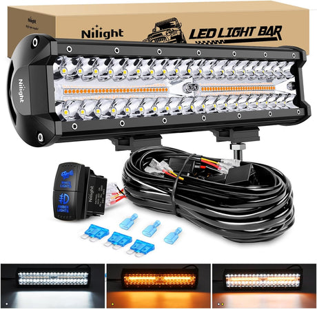 12Inch Off-Road LED Light Bar, 300W 3 Lighting Modes (White/Amber/White&Amber) Driving Fog Light Spot Flood Lights with 16AWG Wiring Harness for Truck Car ATV SUV Jeep Boat