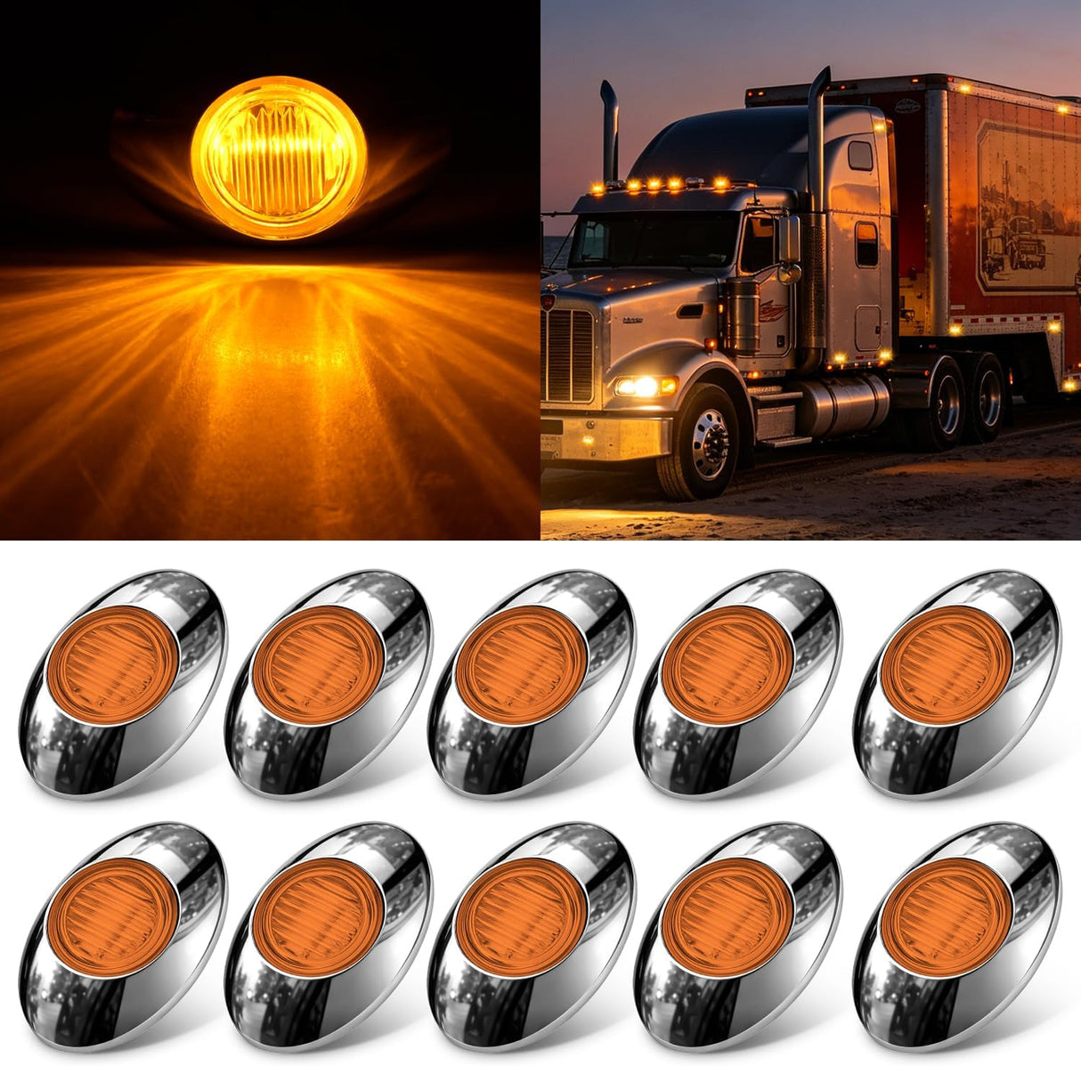 3 Inch Oval LED Trailer Marker Light, Chrome Bezel Amber Lens | 10 Pack IP67 Waterproof 12V Surface Mount Marker & Clearance Light, Fits Semi Trucks Trailers RVs Pickup Trucks Vans