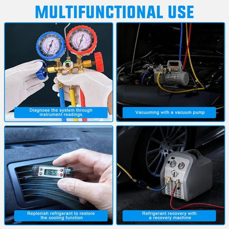 A/C Manifold Gauge Set Fits for R134a R12 R22 R502 3-Way Auto HVAC Diagnostic Gauges Refrigerant Recharge kit with Quick Couplers 5FT Hoses Universal Can Tap