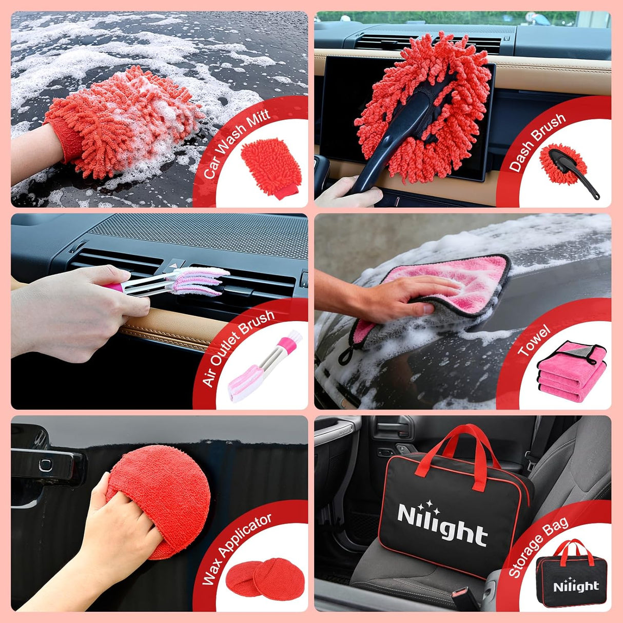 Automotive Tools 27PCS Car Detailing Kit Auto Cleaning Tools Wash Set with Storage Carry Bag Home Use for Interior Exterior Deep Clean Polish Car Care Windshield Dashboard Seat Air Vents Wheels Tires, Red