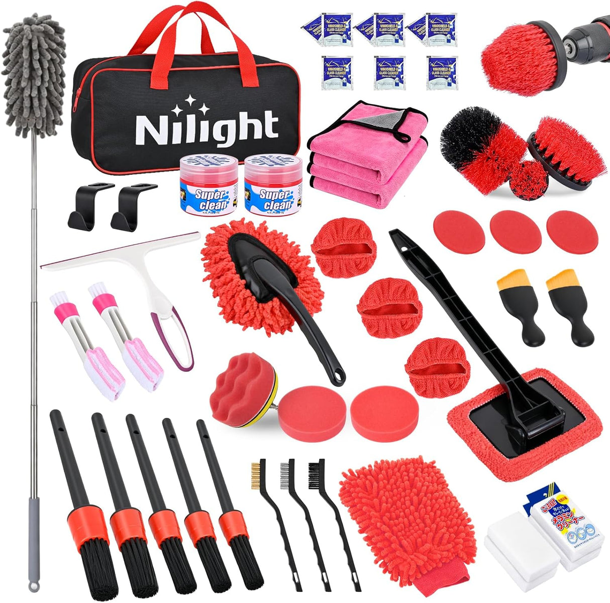 Automotive Tools 52PCS Car Detailing Kit Auto Cleaning Tools Wash Set with Storage Carry Bag Home Use for Interior Exterior Deep Clean Polish Car Care Windshield Dashboard Seat Air Vents Wheels Tires, Red