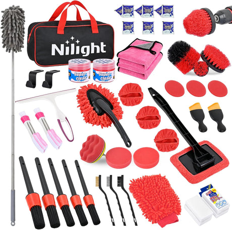 Automotive Tools 52PCS Car Detailing Kit Auto Cleaning Tools Wash Set with Storage Carry Bag Home Use for Interior Exterior Deep Clean Polish Car Care Windshield Dashboard Seat Air Vents Wheels Tires, Red