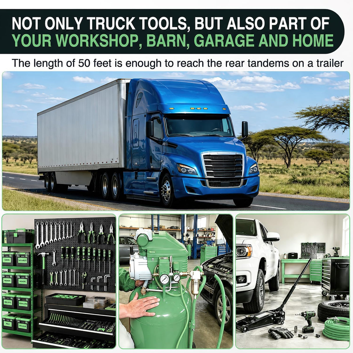 Heavy Duty Truck Tire Inflator Kit 3/8 in x 50 FT 300 PSI | Hybrid Air Hose with Universal Glad Hand and Air Chuck Lightweight Kink Resistant Semi Trailer Tractor Tire Inflation Hose