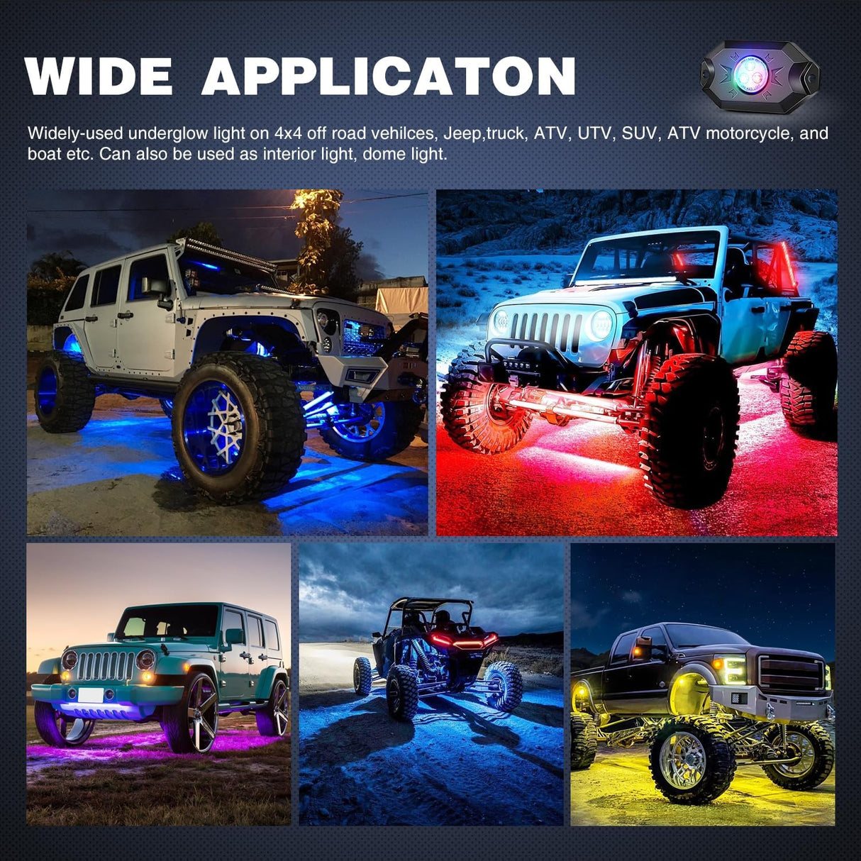 RGB LED Rock Lights Kit 4PCS Bluetooth App Control Multicolor | Magnetic Base Underglow Neon Light Pods IP68 Waterproof Flashing Music Mode for Truck ATV UTV RZR SUV