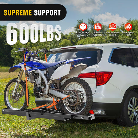 Motorcycle Hitch Carrier 600LBS, Heavy Duty Dirt Bike Hitch Hauler with 55.11 Inch Longer Ramp, Pin, Tie-Down Strap and Tightener, 2 Inch Receiver, 5 Inch Wide Tire