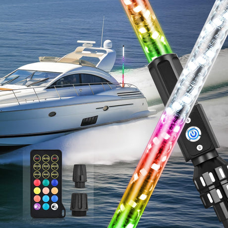 Boat Navigation Light 4FT Spiral LED Whip Lights 360° Visibility 2NM Coast Guard Compliant 400+ Patterns with Remote Plug-in Base Boats Stern Navlight for Night Fishing, Yacht, Pontoon