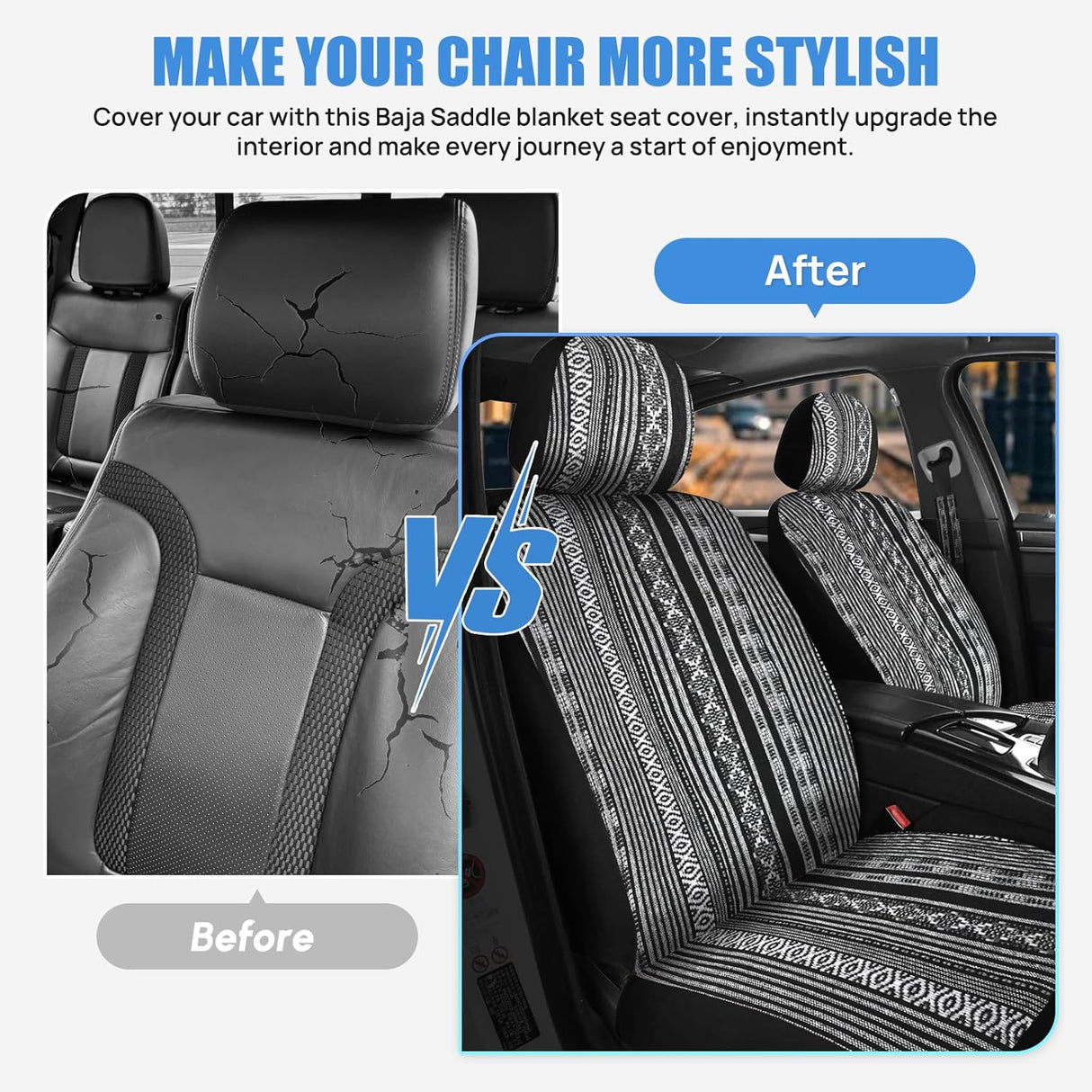 Car Seat Covers 2PCS Black Stripes Baja Saddle Blanket with Shoulder Pads Breathable Washable Striped Woven Airbag Compatible Universal for Cars SUV Truck Front Seat