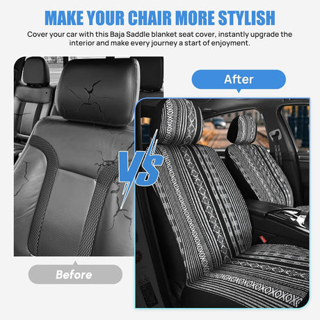 Car Seat Covers 2PCS Black Stripes Baja Saddle Blanket with Shoulder Pads Breathable Washable Striped Woven Airbag Compatible Universal for Cars SUV Truck Front Seat