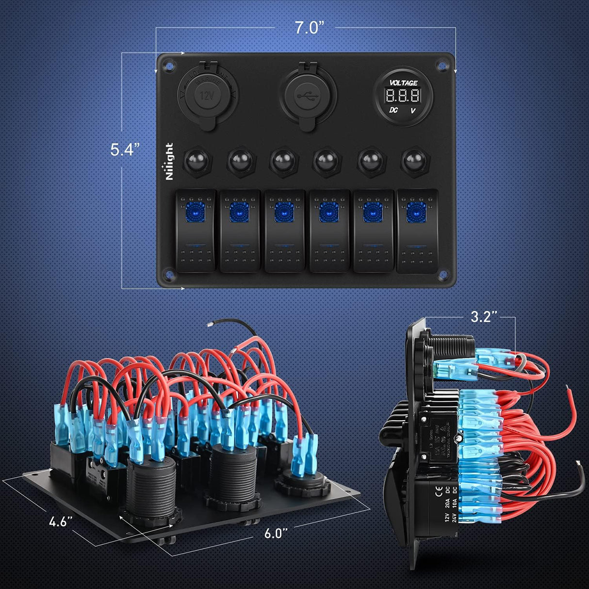 6 Gang Toggle Rocker Switch Panel with Digital Voltmeter and Cigarette Socket Double USB Power Charger Adapter Overload Protection