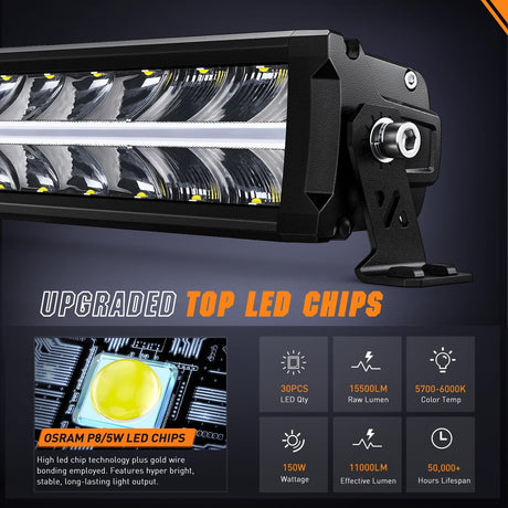 LED Light Bar with Amber DRL 19 Inch 150W Offroad Light Anti-Glare Flood Spot Combo LED Driving Light IP68 w/ 14 AWG DT Connector Wiring Harness for Pickup Truck SUV ATV UTV Boat 4x4